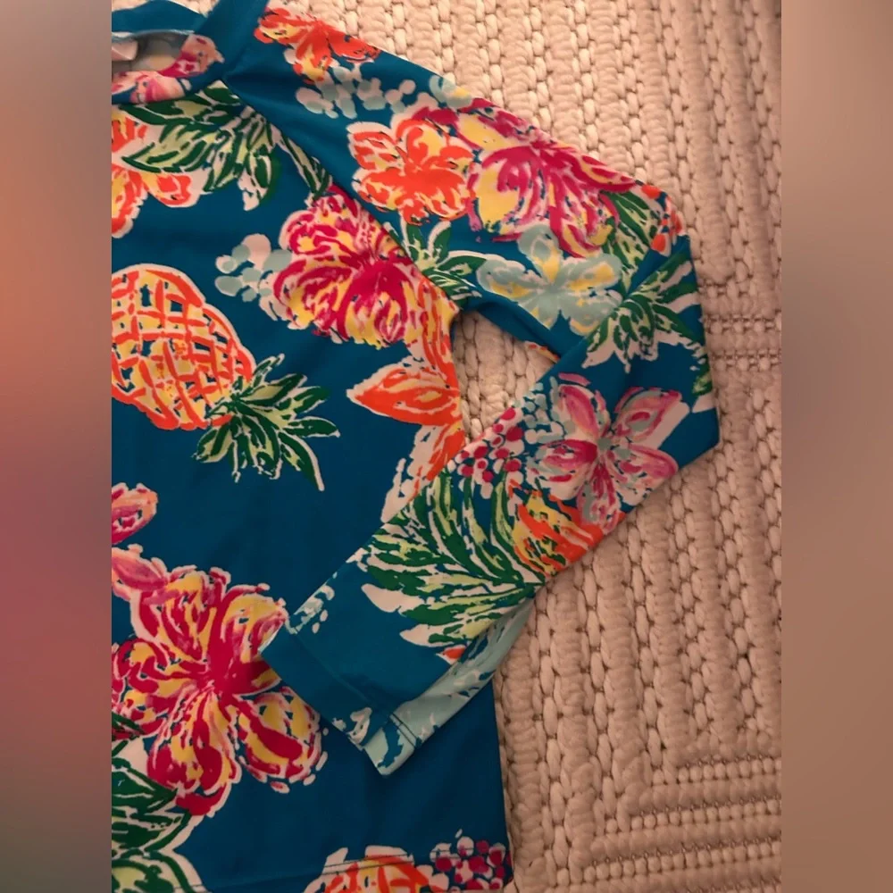 Gymboree Women Sz M (7-8) Blue Pineapple Floral Long Sleeve Rash-guard Swim Top